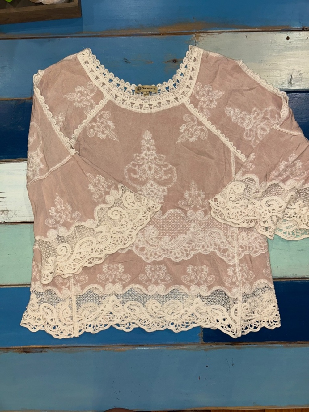 Democracy Small Blush Pink Ivory Embroidered Lace Boho Bell Sleeve Top